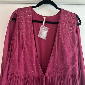 Free People Long Beaded Boho Burgundy Gown NWOT